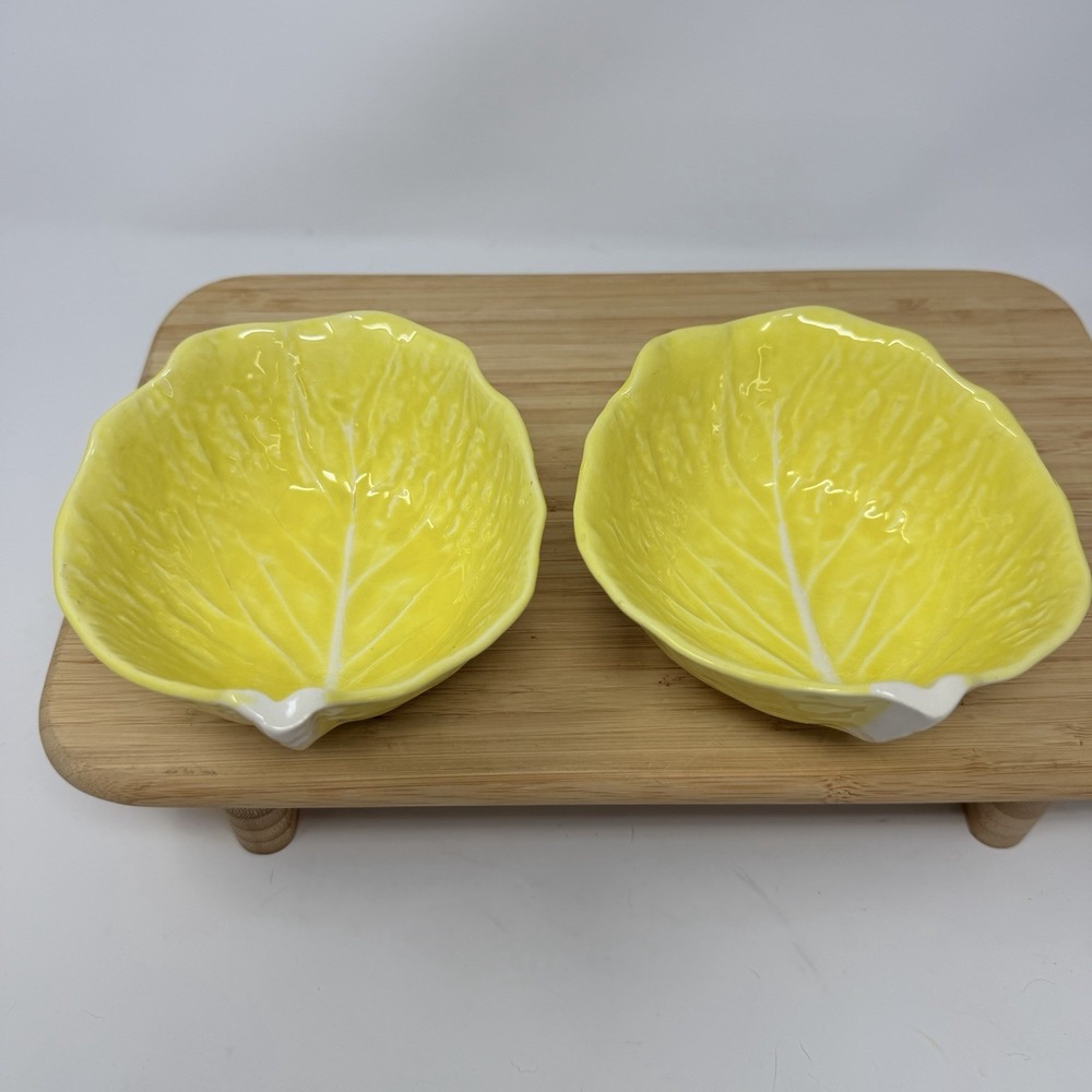 SECLA Bowls Cabbage Lettuce Leaves Set 2 VTG Majolica 6" Yellow Made in Portugal